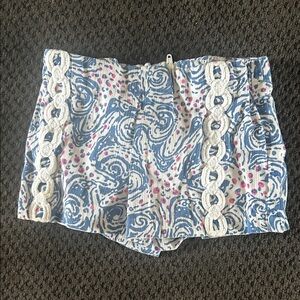 Lilly Pulitzer Blue, White & Pink Printed Cotton Shorts with Crochet Trim